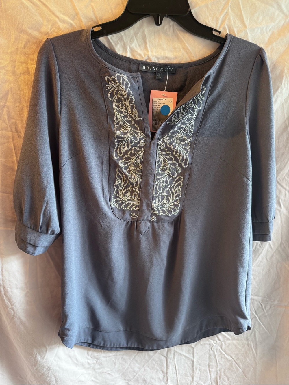 Brixon Ivy Slate Blue Embroidered Split-Neck Blouse